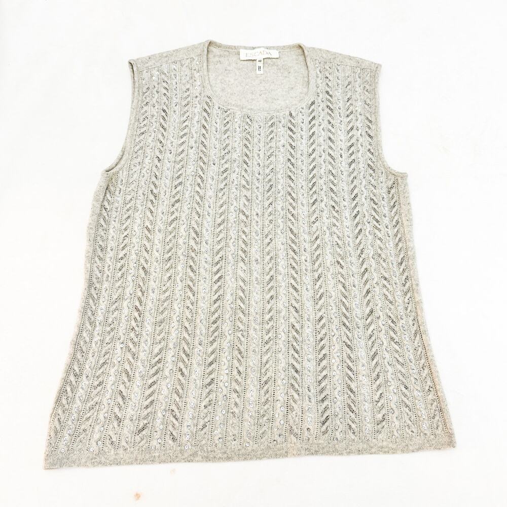 Escada Embellished Eyelet Sleeveless Sweater Wool Cashmere Silk Size 42 MINT